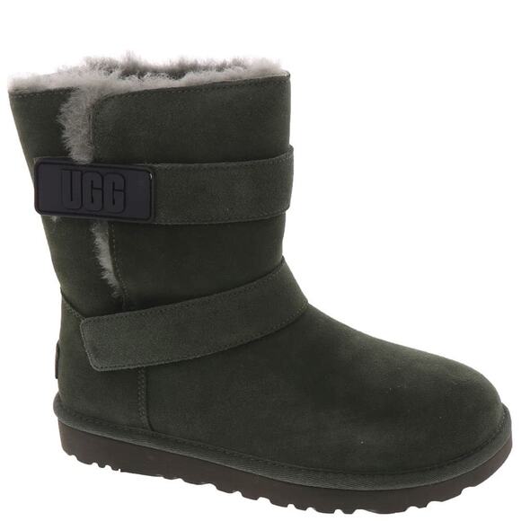 Ugg Bailey Logo Boots 7 Olive Green Gray Ankle Booties Shearling Fur Suede - Picture 1 of 9